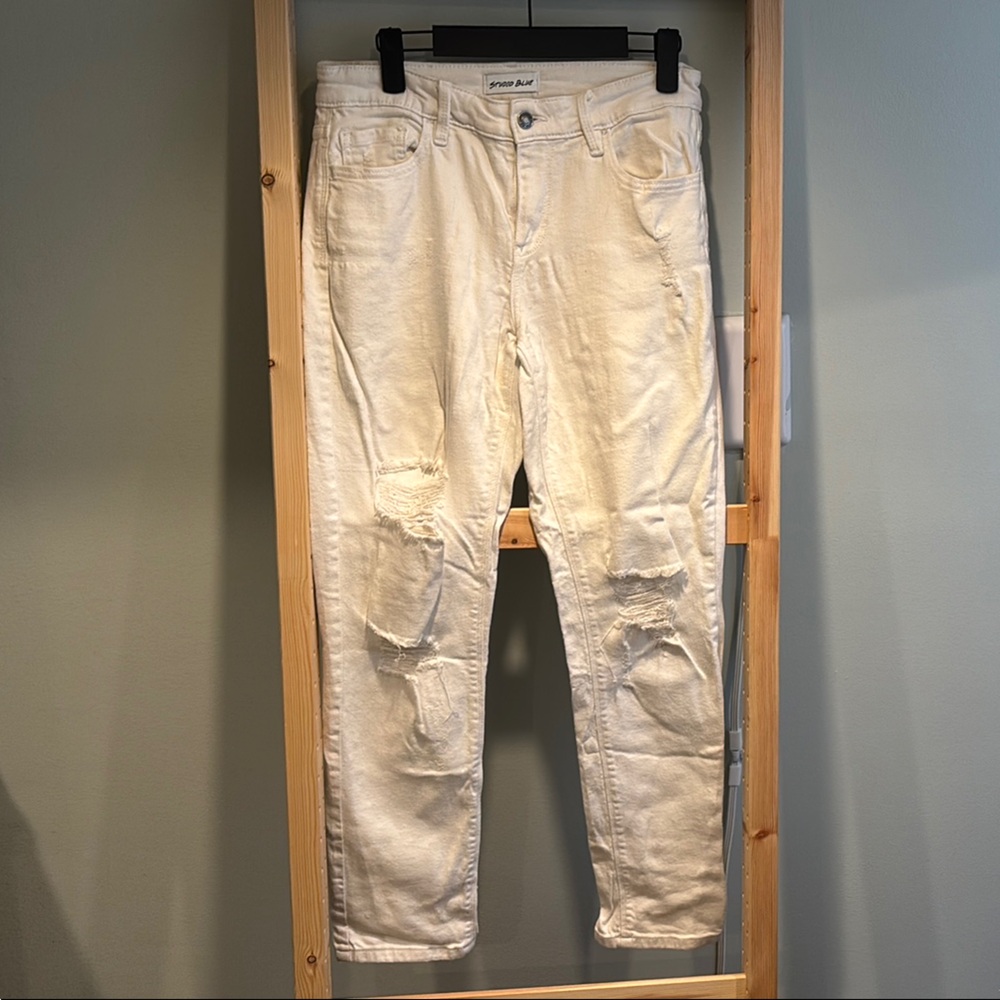 Cream Straight Leg Distressed Jeans